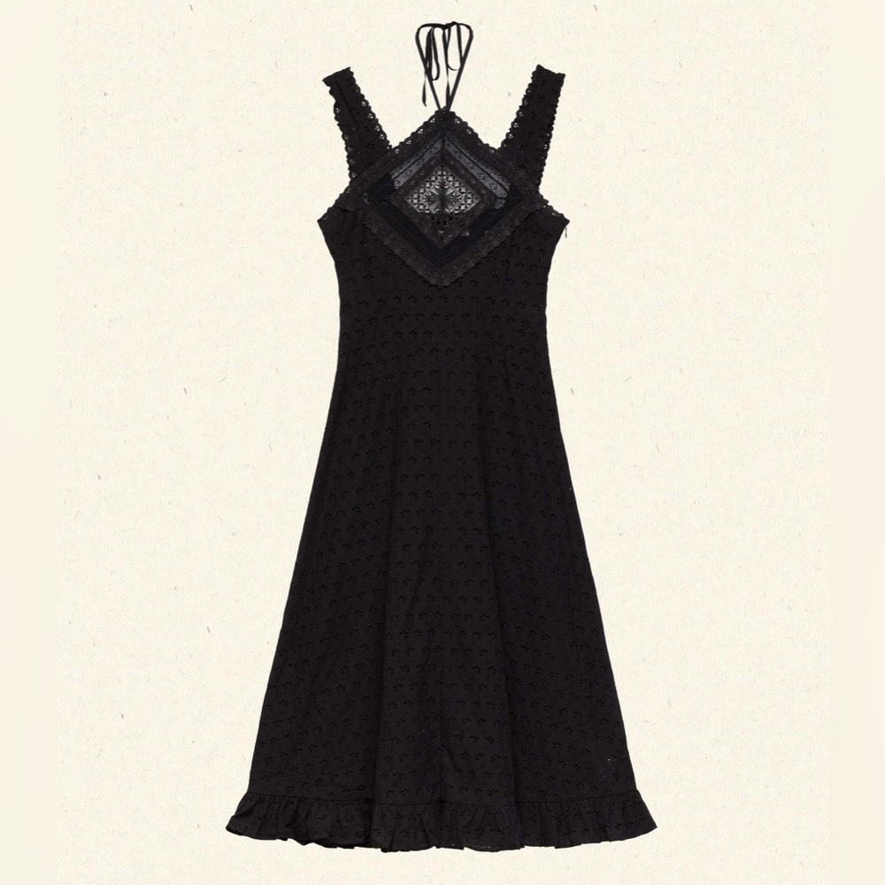 NWT Doen Frieda Cotton Eyelet Ruffle Lace Halter A Line Midi Maxi Dress Black - Picture 12 of 13